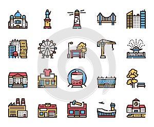 City buildings color linear vector icons set