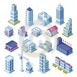 City buildings 3d isometric projection for map. Houses, manufactured area, storage, streets and skyscraper building photo