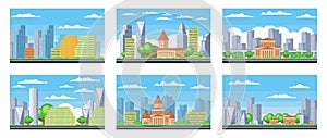 City buildings. Downtown pixelated cityscape set. Scenery skyline. Suburban pixel town silhouette