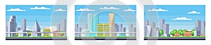 City buildings. Downtown pixelated cityscape set. Scenery skyline. Suburban pixel town silhouette