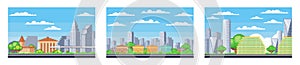 City buildings. Downtown pixelated cityscape set. Scenery skyline. Suburban pixel town silhouette