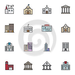 City buildings filled outline icons set