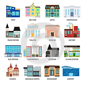 City buildings flat icons on white