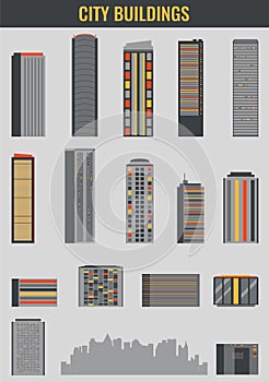 City buildings. Houses and skyscrapers set. Flat design icons. Vector