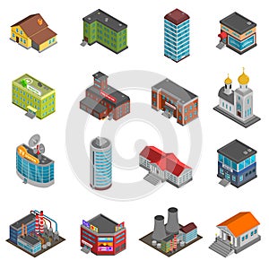 City Buildings Isometric Icons Set