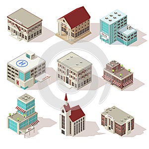 City Buildings Isometric Icons Set