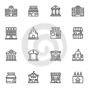 City buildings line icons set