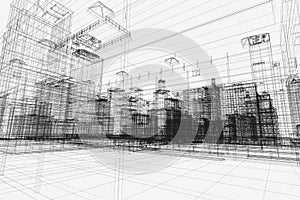 City buildings project, 3d wireframe print, urban plan. Architecture