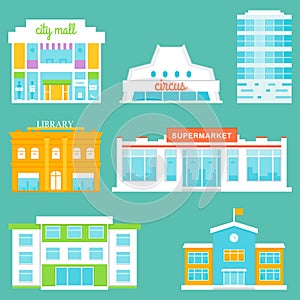 City Buildings Set. Shopping Mall, Circus, Office Building, Library, Supermarket, School