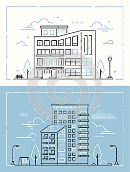 City buildings - set of thin line design style vector illustrations