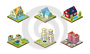 City buildings set, urban landscape esign elements, private real estate, public buildings vector Illustration on a white