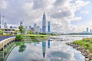 City buildings skyline and water surface in Shenzhen