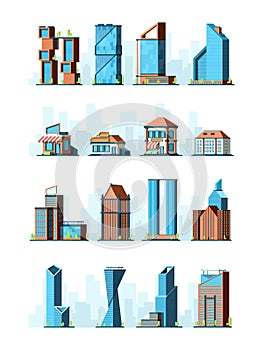 City buildings. Skyscraper street houses groceries village constructions vector 2d low poly game buildings