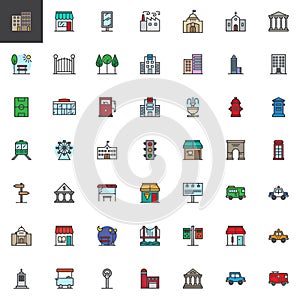 City buildings and transportation filled outline icons set