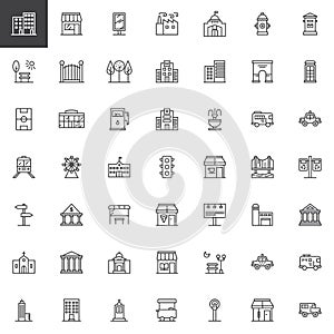 City buildings and transportation line icons set