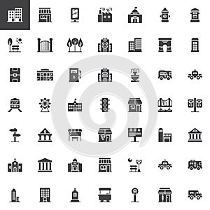 City buildings and transportation vector icons set