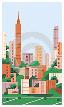 City buildings, urban poster. Cityscape, metropolis card. Skyscrapers, high multistorey buildings architecture and green photo