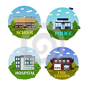 City buildings vector icon set in flat style. Design elements and emblems. School, police department, hospital, fire