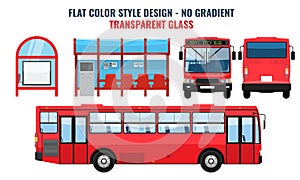 City Bus and Bus stop, side front and back view. Flat color style vector illustration.
