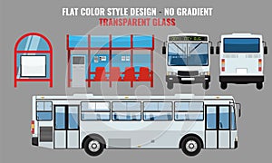 City Bus and Bus stop, side front and back view. Flat color style vector illustration.