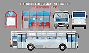 City Bus and Bus stop, side front and back view. Flat color style vector illustration. photo