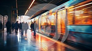 City bus motion blur with beautiful traffic lights and reflections. Commuting and city life concept