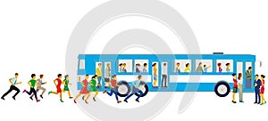 City bus with stop and hurrying passengers illustration