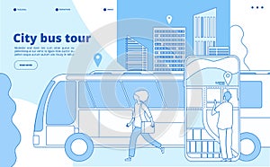 City bus tour. Urban bus excursion, tourists with cityscape and map smartphone app. Tourism and transportation vector