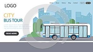 City Bus Tour Vector Illustration. Flat Style Conceptual Composition. Webpage Landing Template Design With Objects And