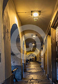 Panoramas of the city of Busca during sunset and in the blue hour photo