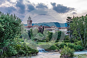 Panoramas of the city of Busca during sunset and in the blue hour photo