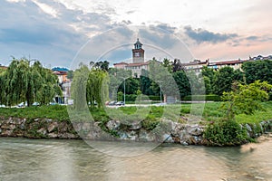 Panoramas of the city of Busca during sunset and in the blue hour photo