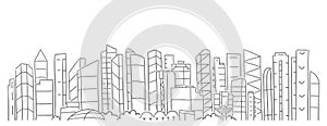 City business center skyscrapers panorama. Long horizontal banner. Copy space. Vector line contour outline. Hand drawn