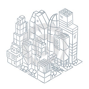 City business center skyscrapers quarter. Square area. Dense building. Hand drawn isometry sketch. Vector line contour.