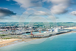 City of Calais and its port in Hauts-de-France seen from the sky