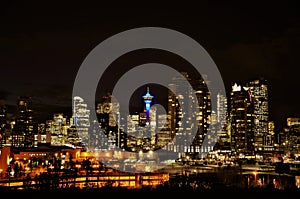 The city of Calgary illuminated downtown skyline night view.