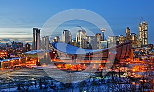 City of Calgary skyline at night in the winter