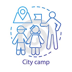 City camp concept icon. Summer urban children club, holiday pastime idea thin line illustration. Exploring town