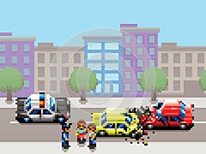 City car collision, police car and people pixel art game style illustration