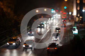 City car traffic jam, night lights