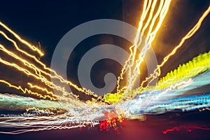 City car traffic lights in motion blur, long exposure, abstract speed background