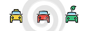 City Cars icons set. Yellow Taxi, Green Eco, Red Sport Autos editable line vector pictograms