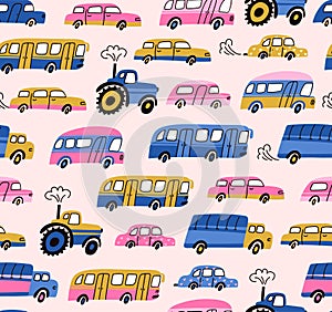 City cars, tractors and publish vehicles transport.Vector seamless pattern. Traffic jam. Cute baby boy design for fabric, wallpape