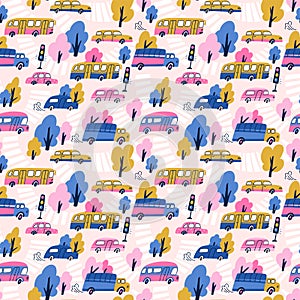 City cars, tractors and publish vehicles transport.Vector seamless pattern. Traffic jam. Cute baby boy design for fabric, wallpape