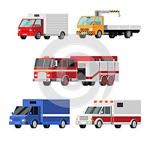 City cars vector icons set. Ambulance, fire truck, mail truck, tow truck, crane, truck