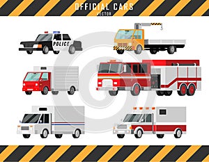 City cars vector icons set. Ambulance, police, fire truck, mail truck, tow truck, crane, truck