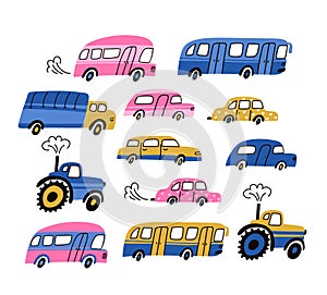 City cars and vehicles transport vector flat icons set. Car vehicle, publish transport and tractor isolated on the white backgroun