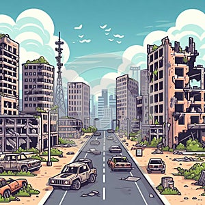 City Cartoon With Empty Destroyed Living Buildings