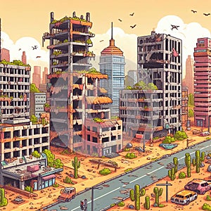 City Cartoon With Empty Destroyed Living Buildings