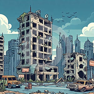 City Cartoon With Empty Destroyed Living Buildings